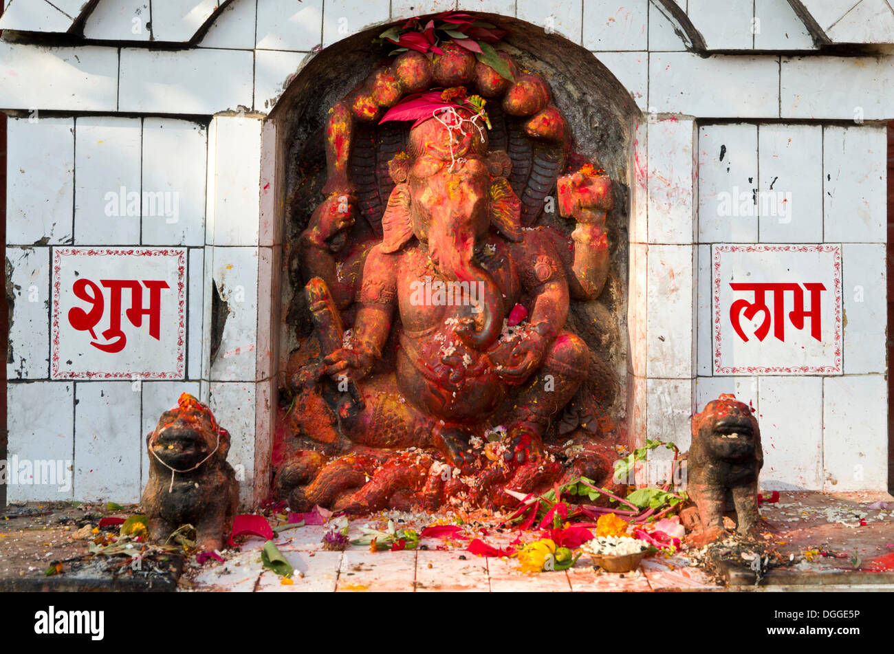 Ganesha shrine with some offerings, Kathmandu, Kathmandu District, Bagmati Zone, Nepal Stock Photo