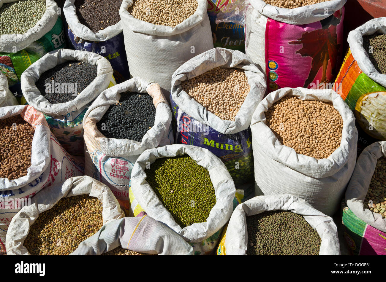 Many different types of dried pulses, dhal, in bags, displayed for sale, Kathmandu, Kathmandu District, Bagmati Zone, Nepal Stock Photo