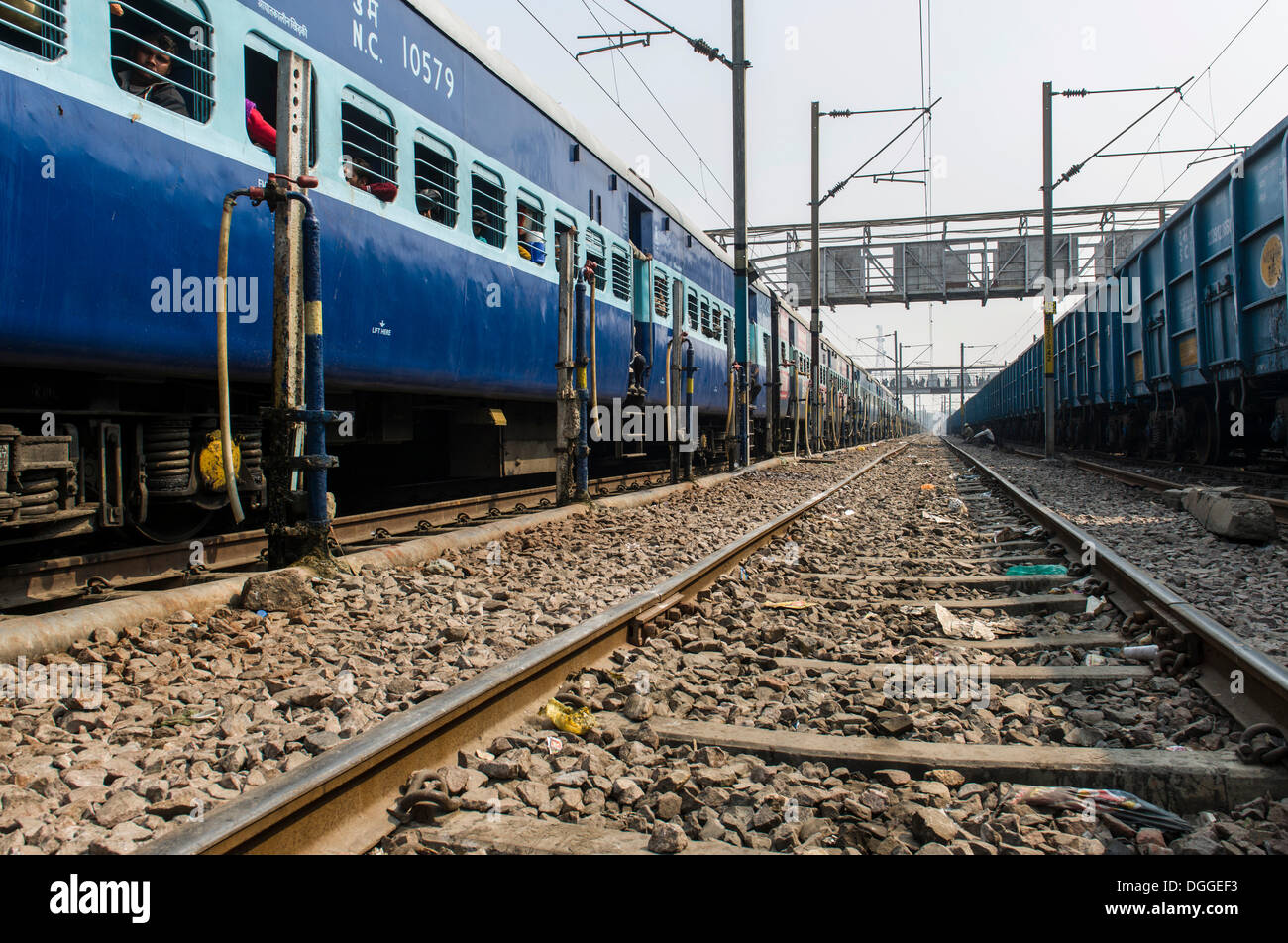 Railway track and two trains at the railway station, Allahabad, Uttar