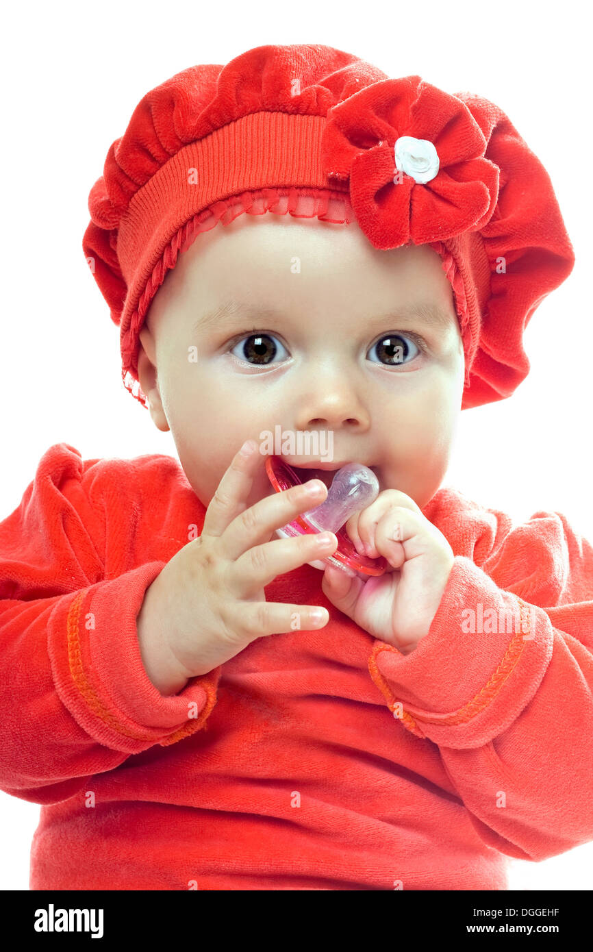 Portrait of cute baby girl with dummy. Isolated Stock Photo Alamy