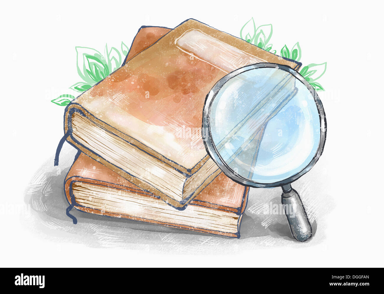 an illustration of books and a magnifying glass Stock Photo - Alamy