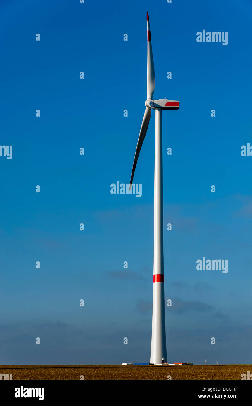 Recently built wind turbine against a blue sky, Grevenbroich, North Rhine-Westphalia Stock Photo
