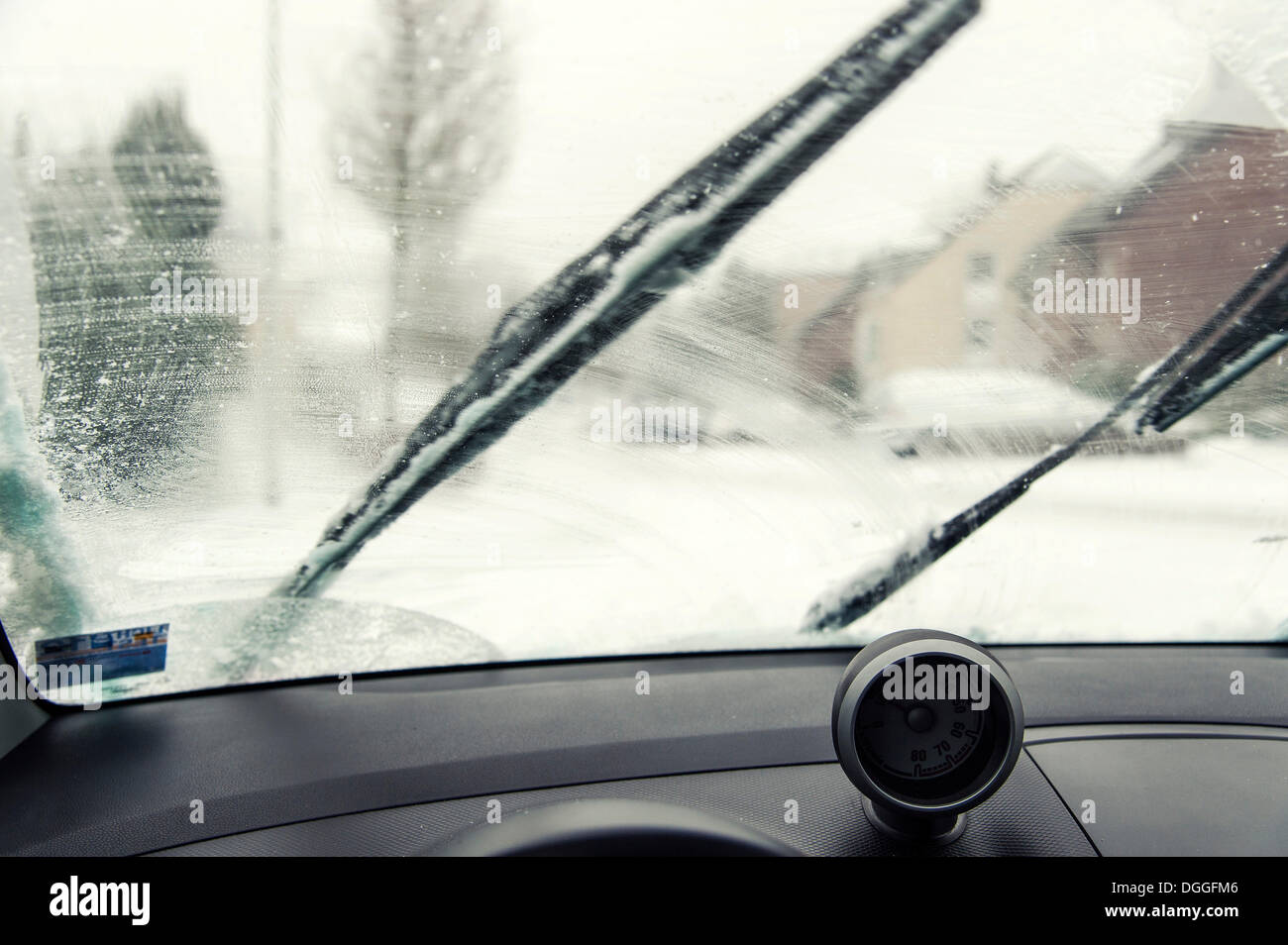 Interior view, smeared windscreen of a car with wipers, Grevenbroich, Rhineland, North Rhine-Westphalia, Germany Stock Photo