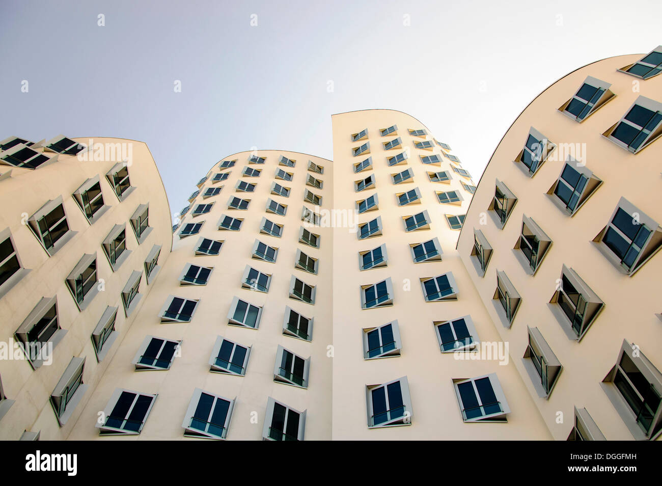 White office building with slanted windows, Duesseldorf, Medienhafen