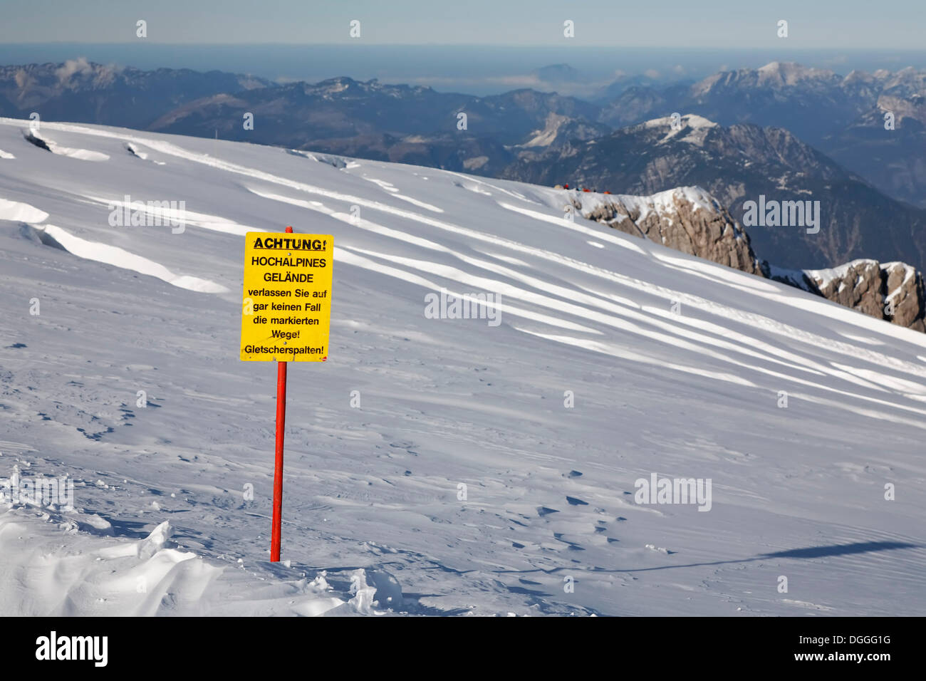 Danger sign, ice crevices on the Dachstein Glacier, Ramsau, Styria, Austria, Europe Stock Photo