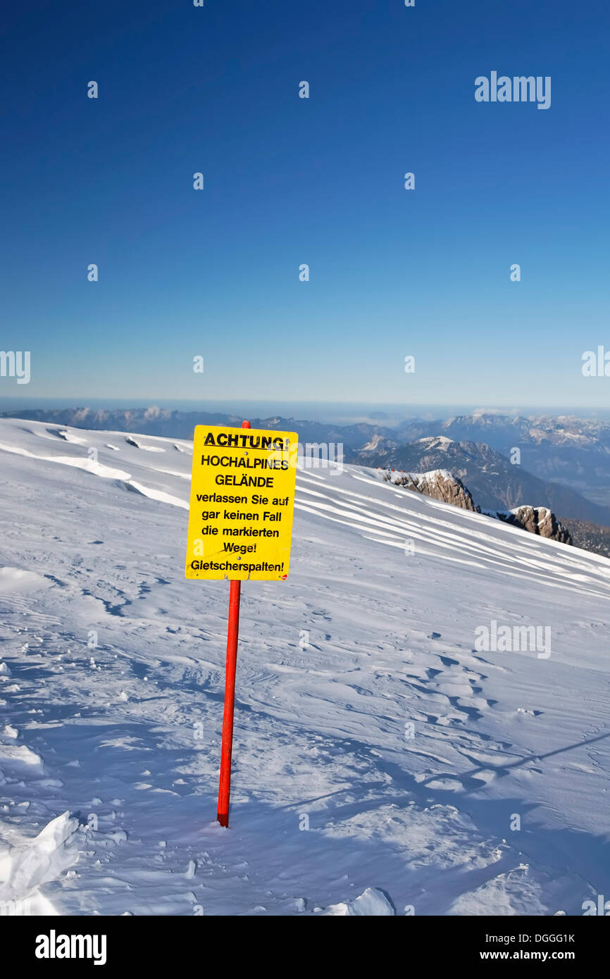 Danger sign, ice crevices on the Dachstein Glacier, Ramsau, Styria, Austria, Europe Stock Photo
