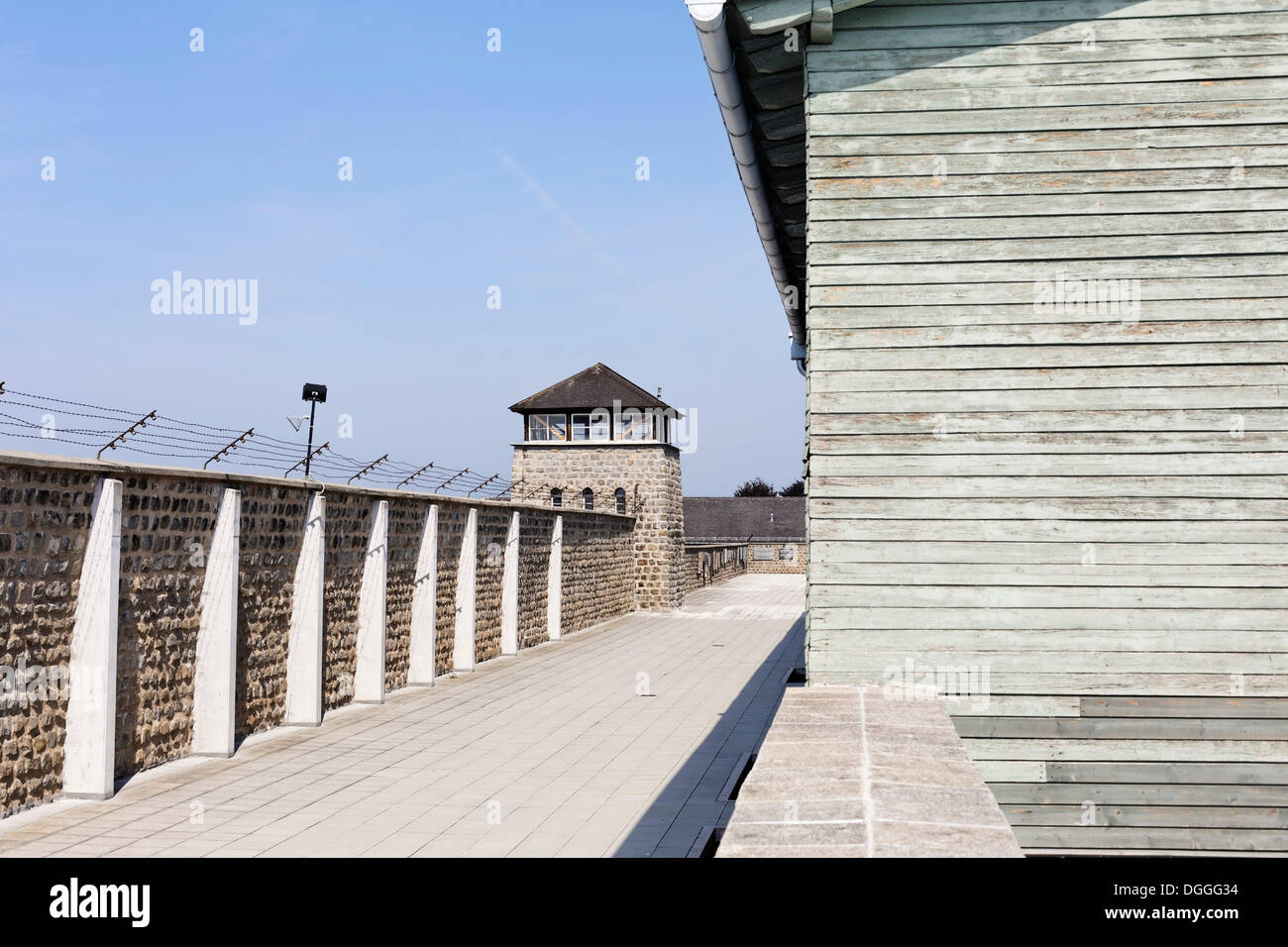 Barracks and watchtower of Mauthausen Concentration Camp, Perg, Upper Austria, Austria, Europe Stock Photo