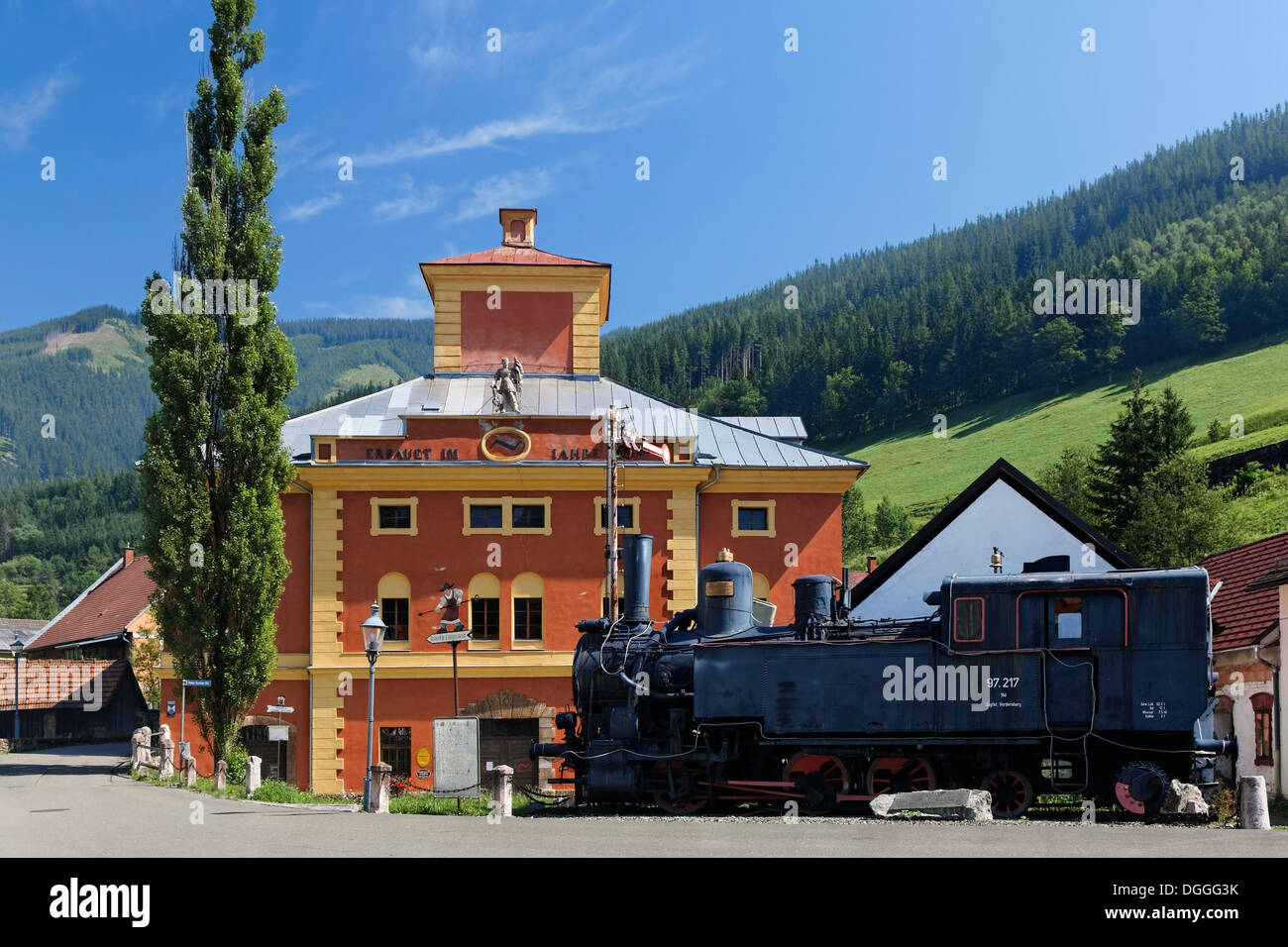 Old steam locomotive in front of the Radwerk IV Eisenmuseum iron museum, Vordernberg, Leoben, Upper Styria, Styria, Austria Stock Photo