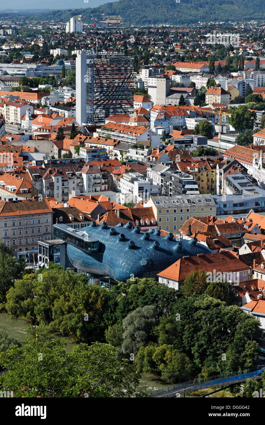 View over the Kunsthaus Graz Art Museum and a cityscape, Graz, capital city of the state of Styria, Austria, Europe Stock Photo