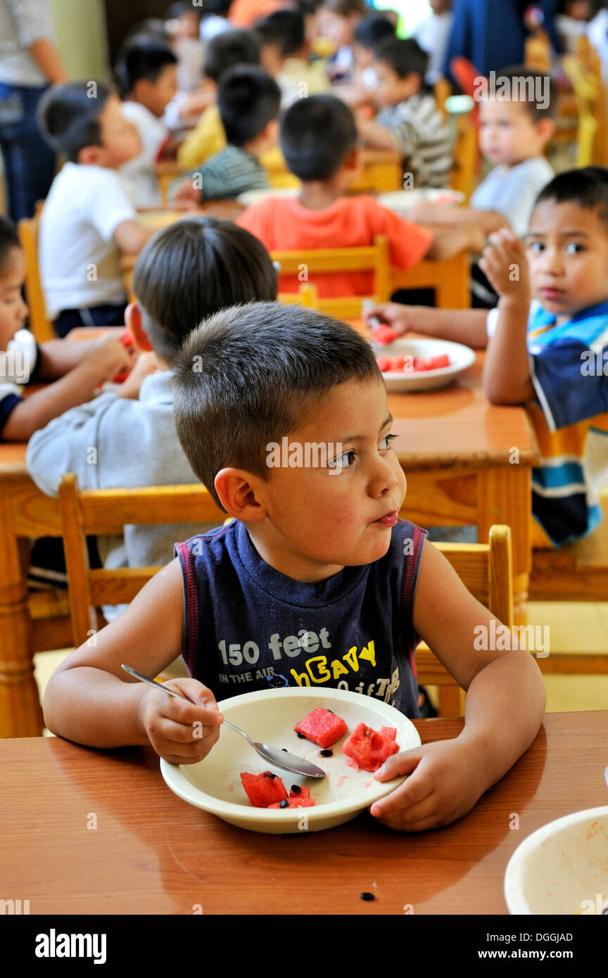Boy in the refectory in an orphanage, Queretaro, Mexico, North America, Latin America Stock Photo