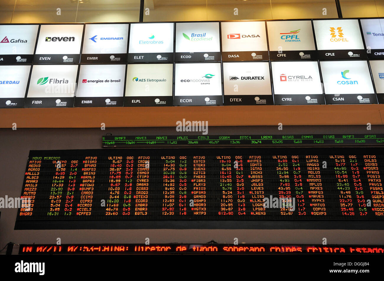 Display of stock market prices and logos of Brazilian companies, visitor centre of Bovespa, the Sao Paulo Stock Exchange, Brazil Stock Photo