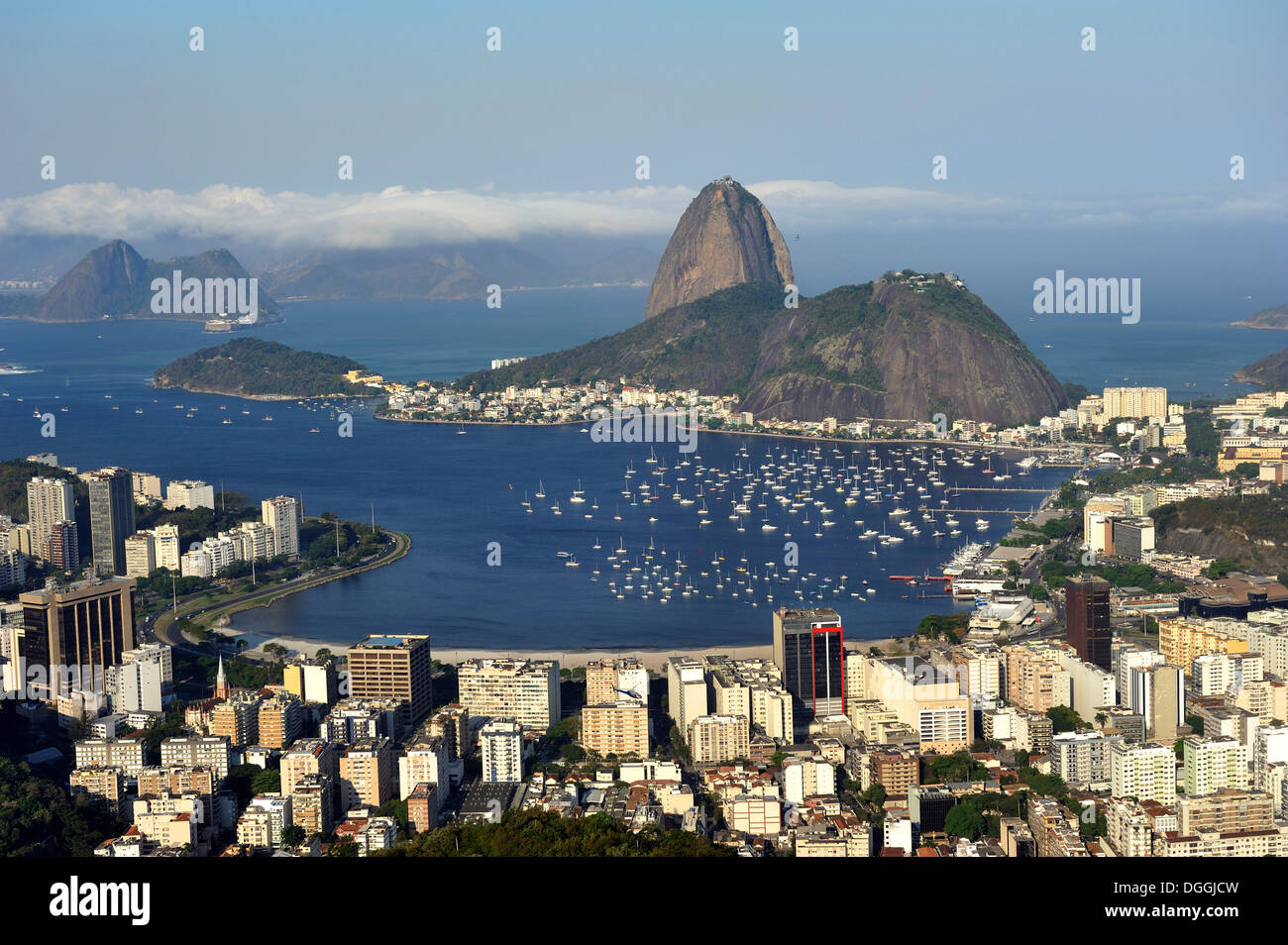 Views towards Sugarloaf Mountain and the district of Botafogo, Rio de Janeiro, Brazil, South America Stock Photo