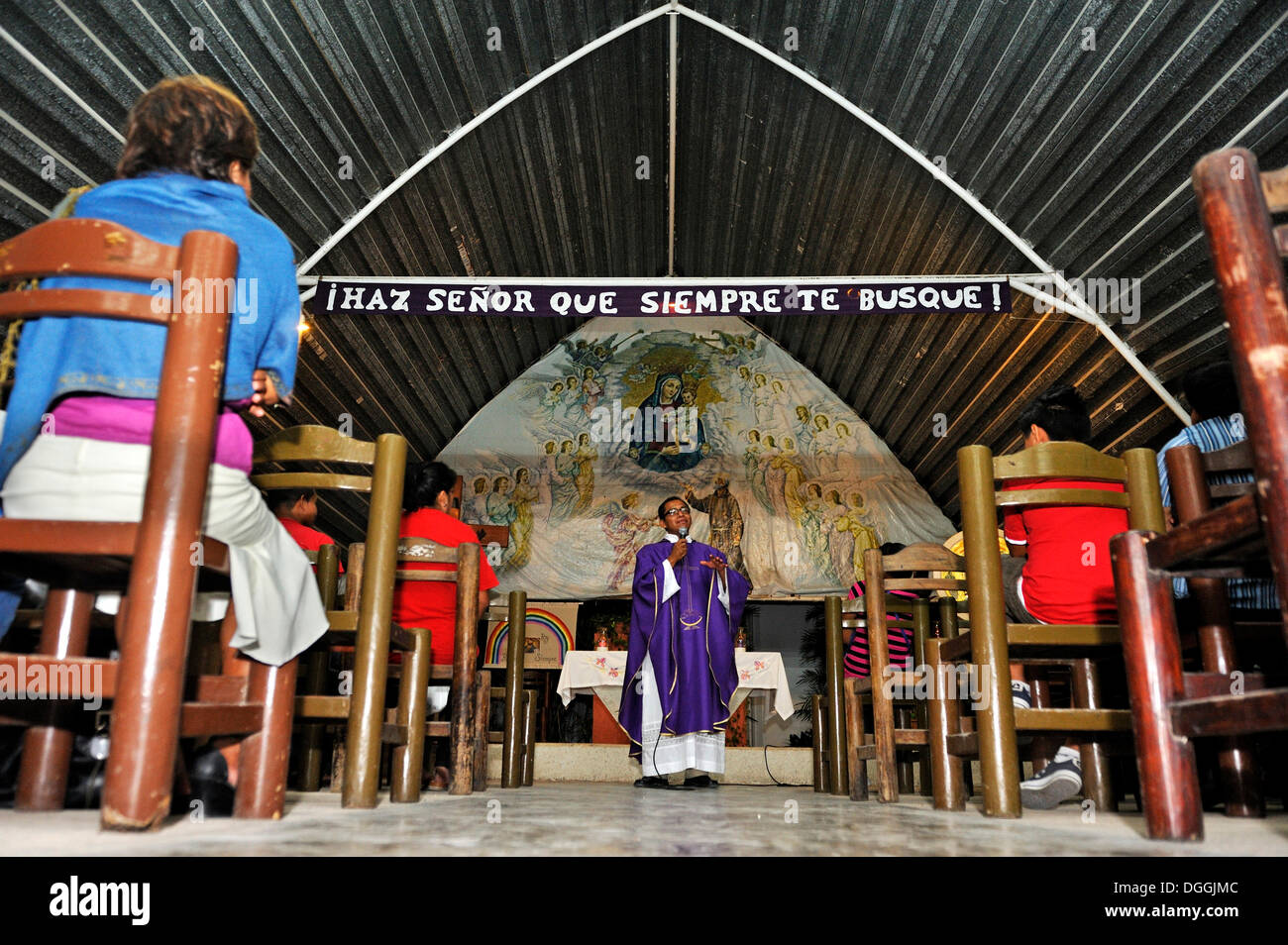 Holy mass for the poor in Santuario del Padre Pio, a Capuchin order, preaching, Cancun, Yucatan Peninsula, Quintana Roo, Mexico Stock Photo