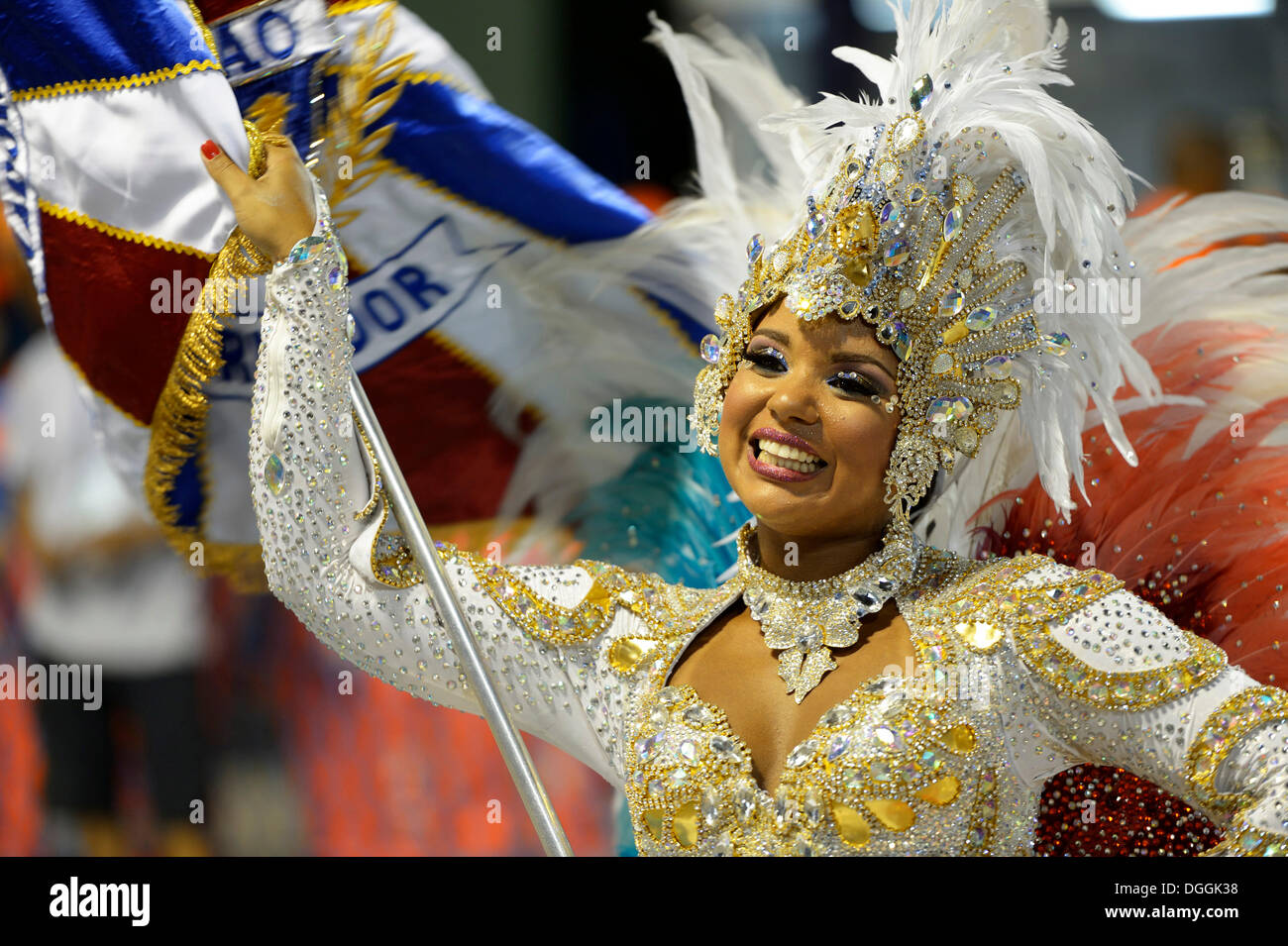 Female samba dancer, flag bearer Porta Bandeira, parade of the samba school Uniao da Ilha do Governador, Sambodromo Stock Photo