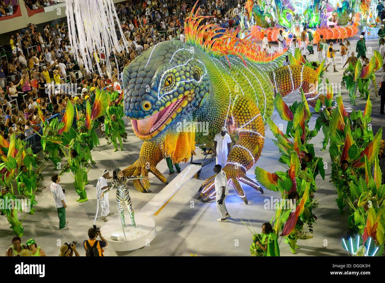 Giant green iguana, parade of the Academicos do Grande Rio samba school during the Carnival in Rio de Janeiro in 2013 Stock Photo