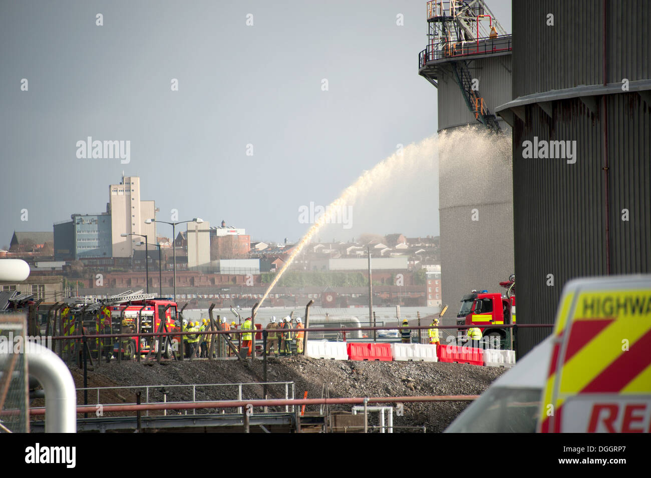 Fire exercise foam attack oil storage tanks Stock Photo