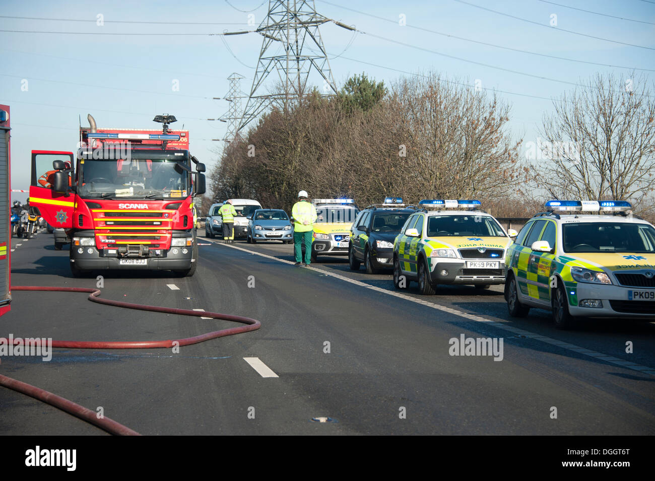 Ambulances and Fire Engines on Motorway freeway Stock Photo