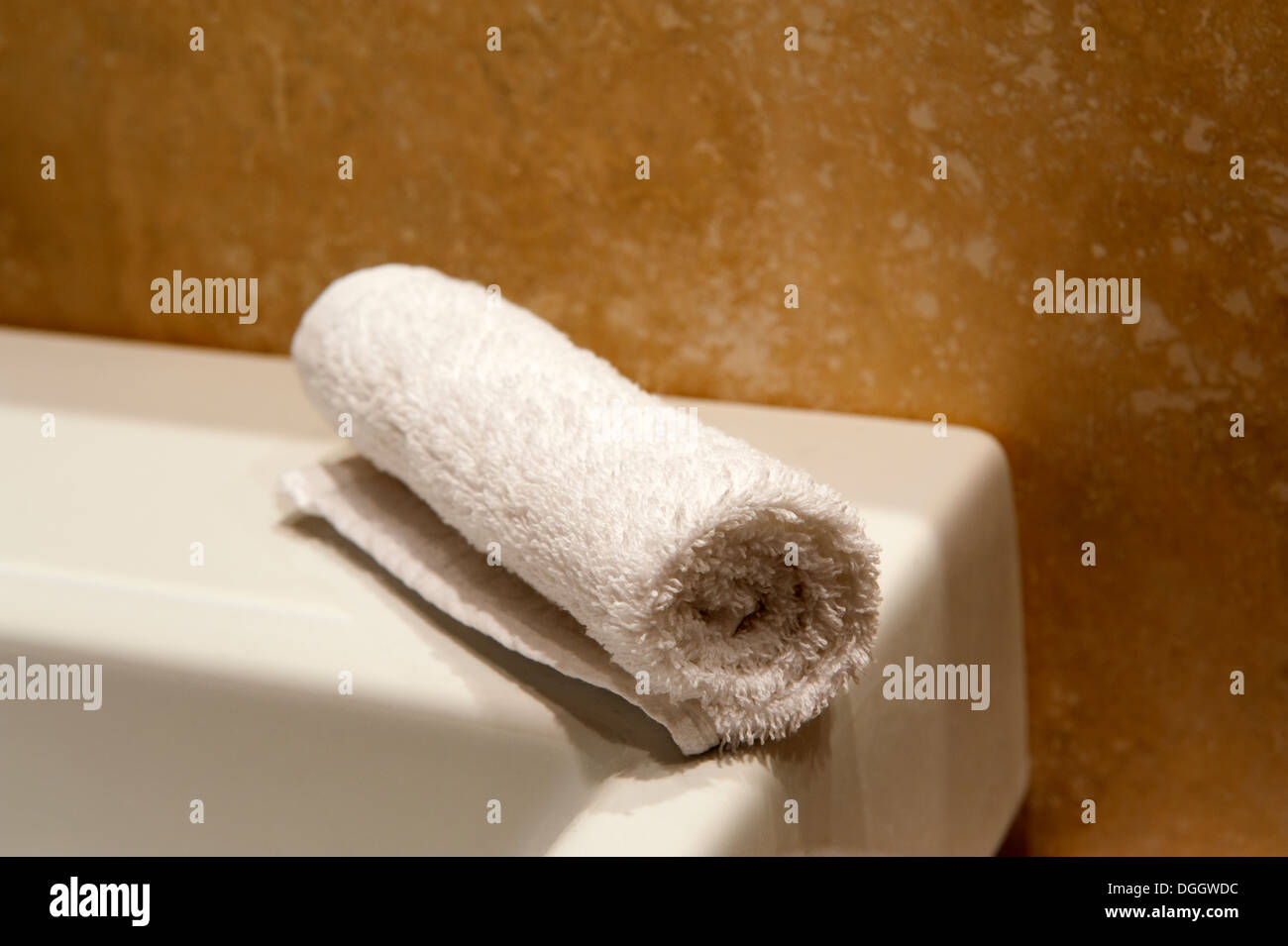 Modern Bathroom Sink Rolled Face Towel Flannel Stock Photo