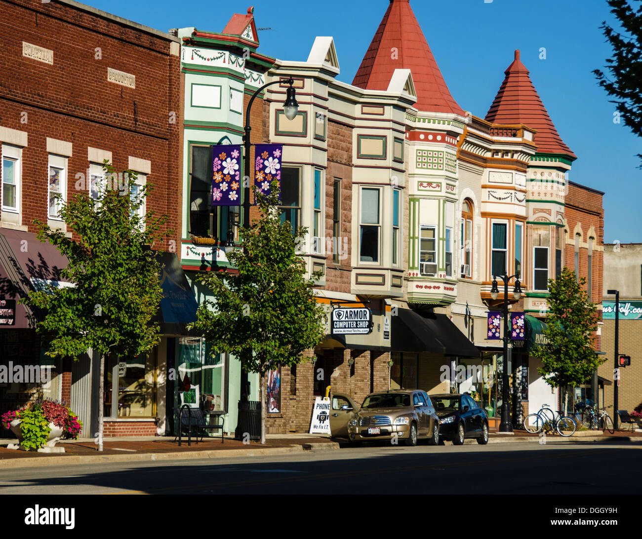 Historic buildings in downtown DeKalb, Illinois town along the Lincoln Highway Stock Photo