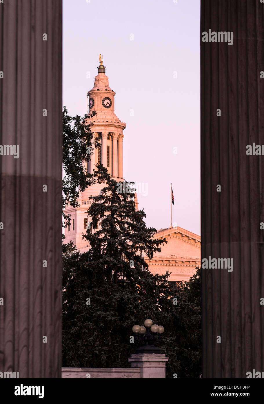Clock tower of the Denver county building morning sun Stock Photo