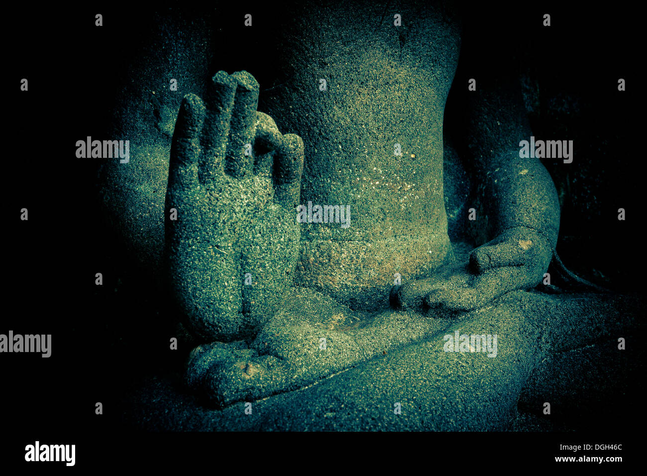 Reasoning and virtue is the symbolic meaning of the position of this Buddha statue. Stock Photo