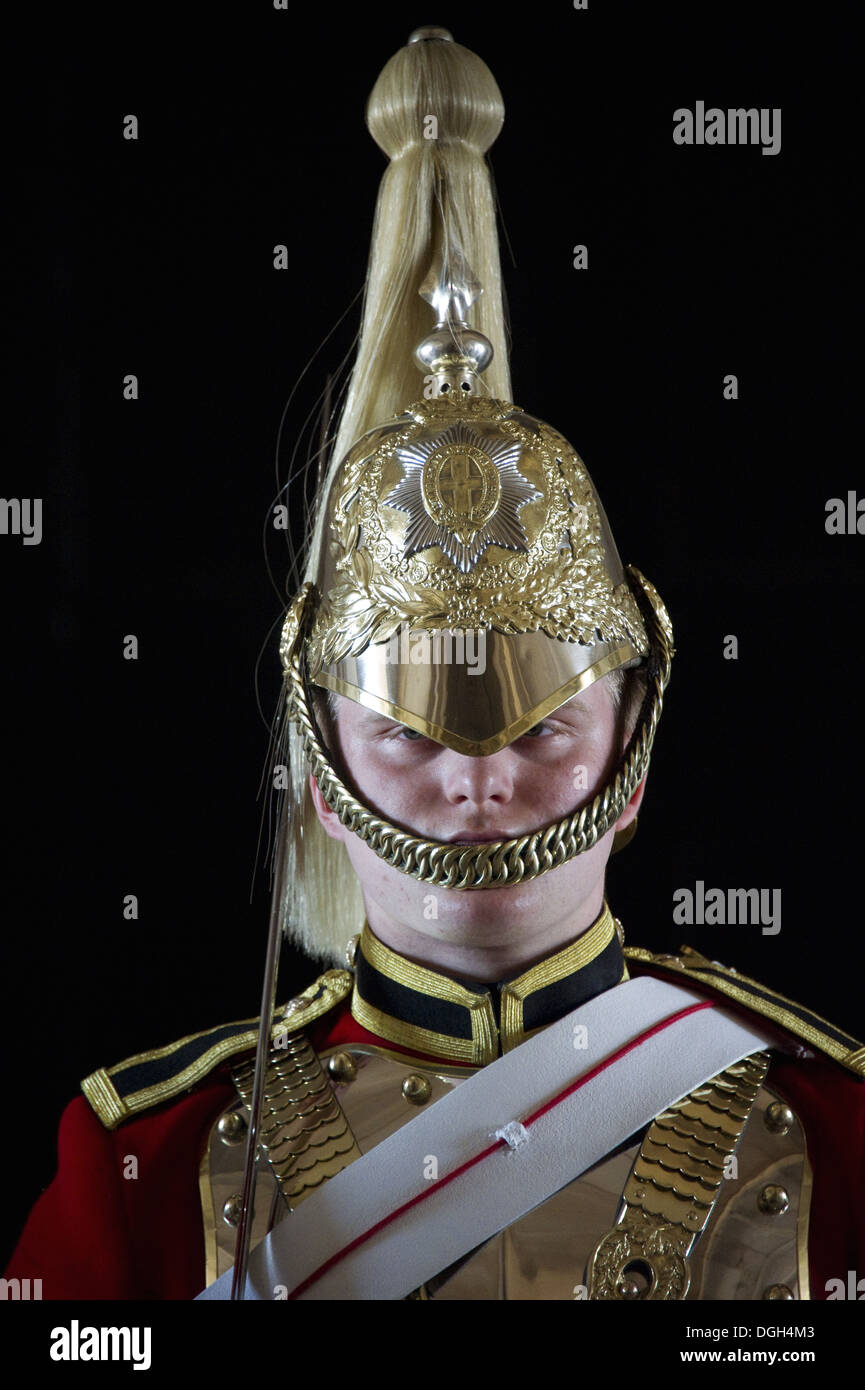 Household Cavalry mounted trooper in ceremonial uniform, Horse Guards