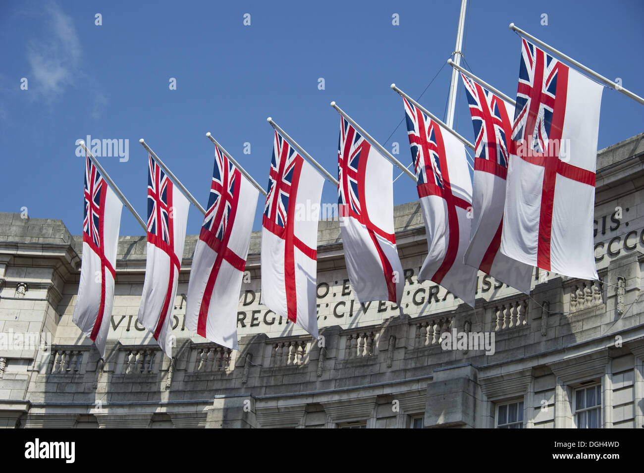White Ensign flags on office building, Admiralty Arch, City of Westminster, London, England, april Stock Photo