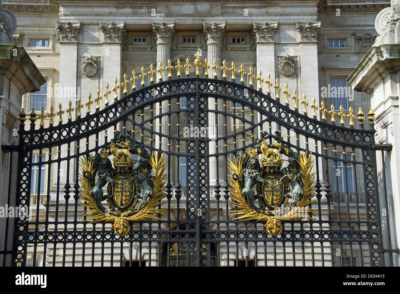 Royal coat of arms on palace gates, Buckingham Palace, City of Westminster, London, England, april Stock Photo