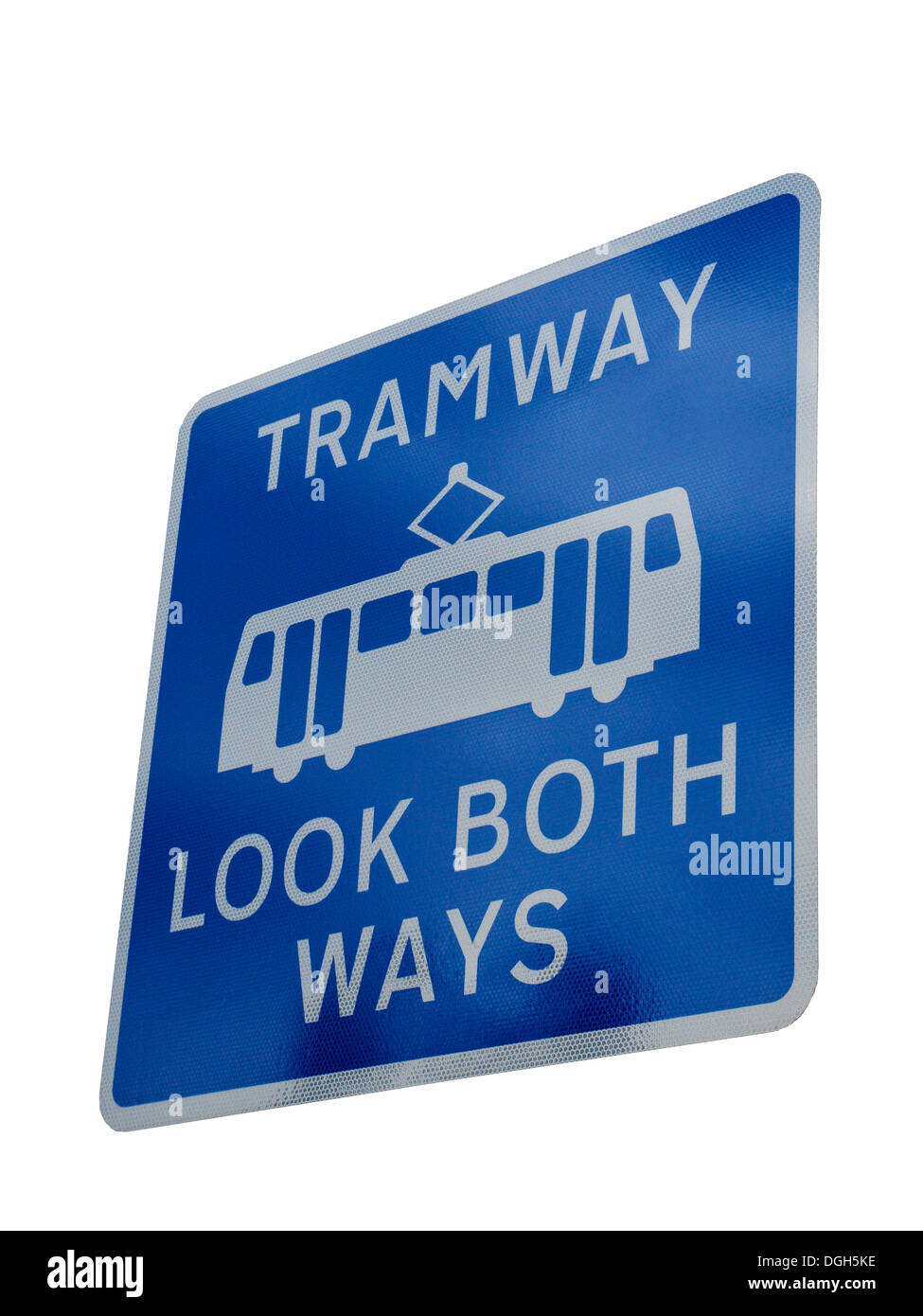 Tramway Look both ways Metrolink tram warning sign in Manchester UK Stock Photo
