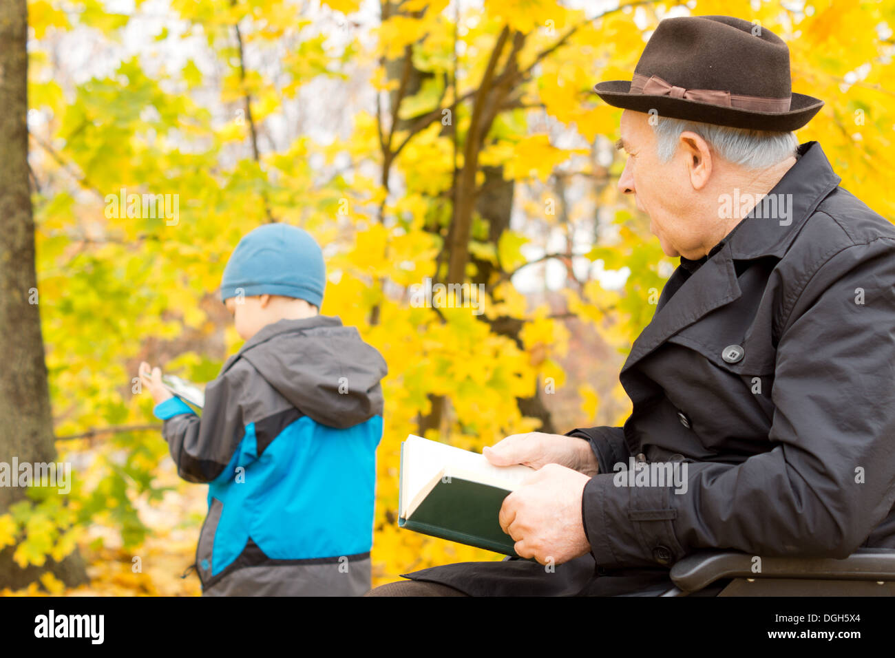 Grandfather in a warm overcoat and hat sitting with a book watching over his young grandchild in a colourful yellow autumn garden. Stock Photo