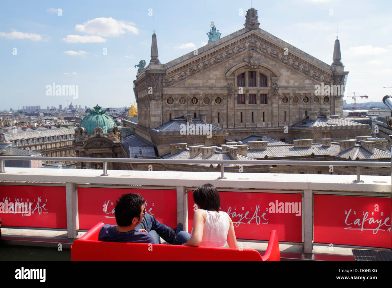 Paris France,aerial,rooftops,city skyline,Galeries Lafayette terrace observation viewing deck view,Palais Garnier Opera National de Paris,Asian man me Stock Photo