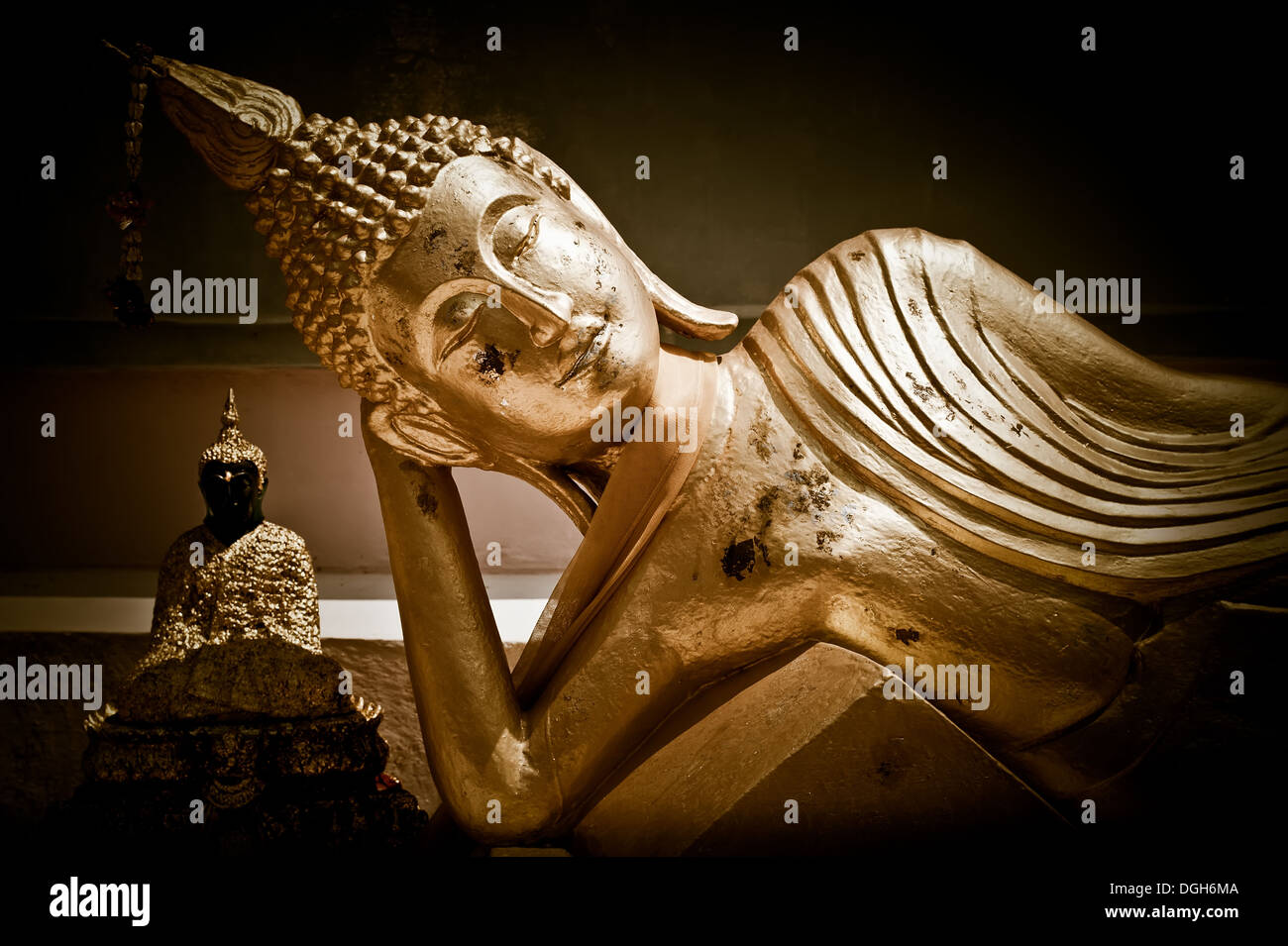 Golden statue of resting Buddha (Tuesday) in Wat Phra Yai Temple. Koh Samui island, Thailand Stock Photo