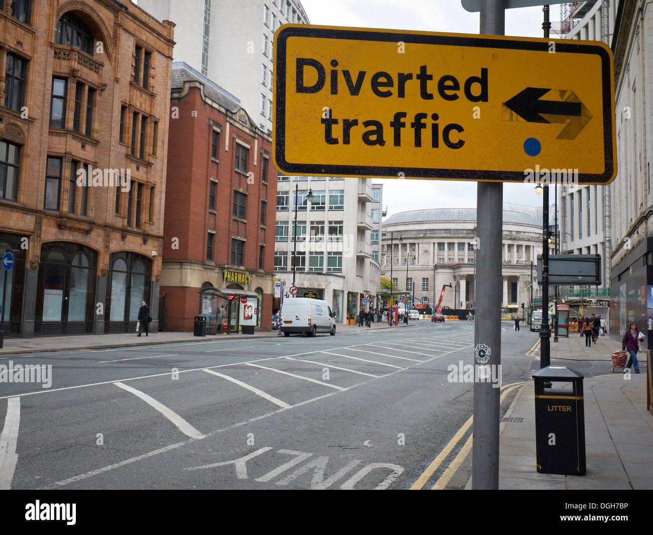 Diverted traffic sign in Oxford Street Manchester UK Stock Photo