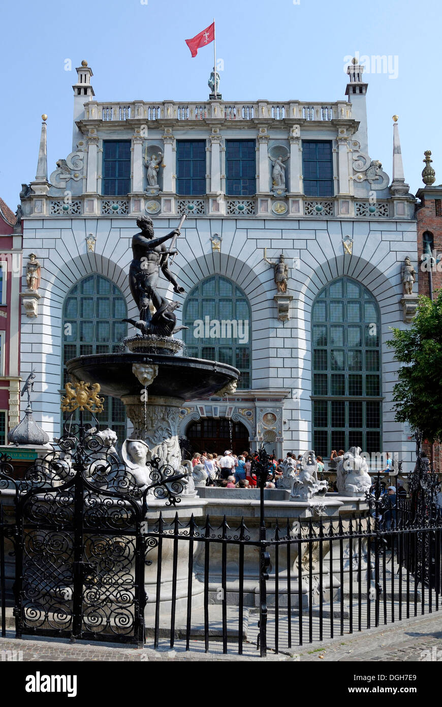 Artus Court with Neptune fountain at the Long Market in Gdansk. Stock Photo