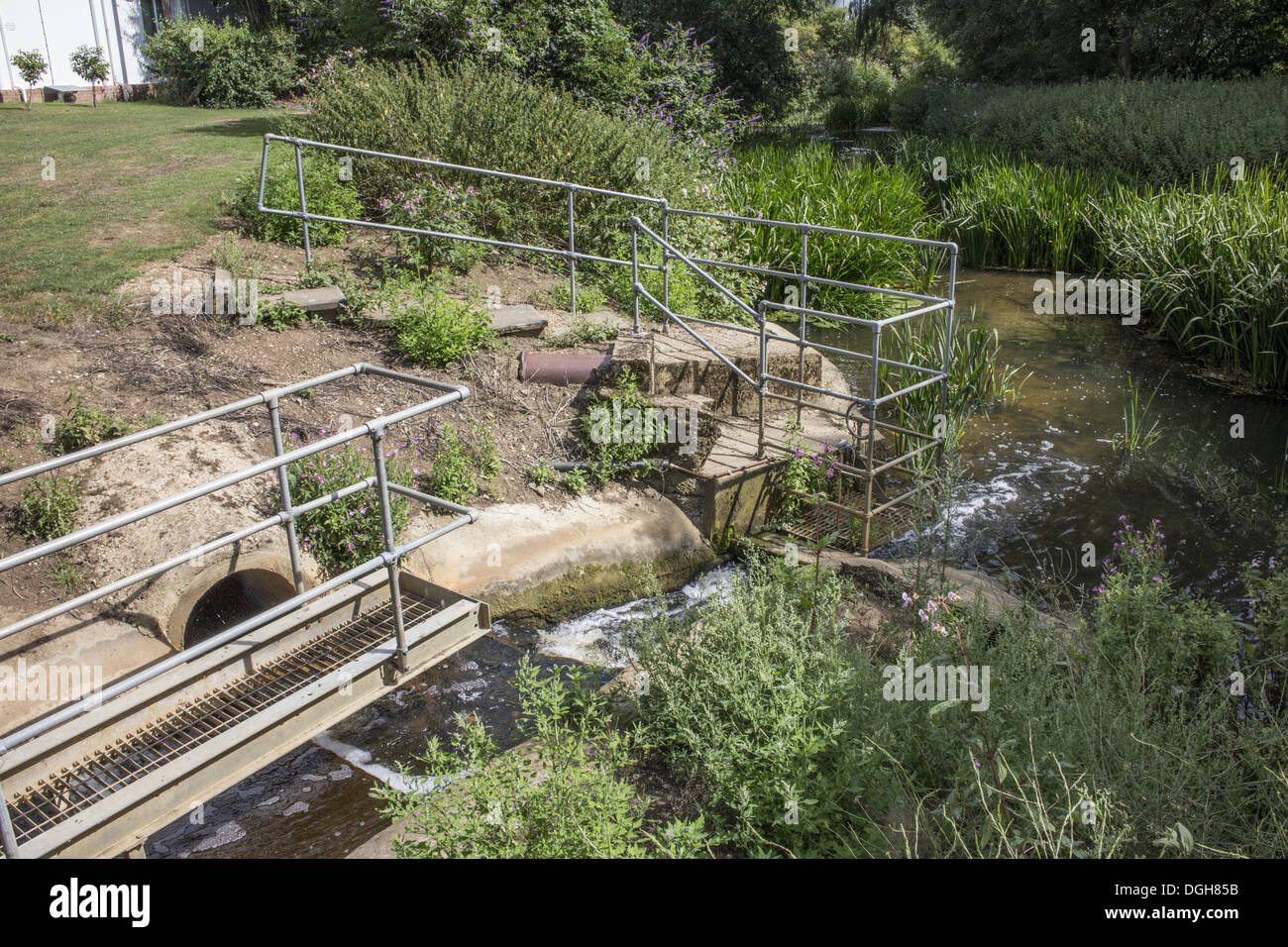 Treated water flows into the River Gipping at Stowmarket from industrial units Stock Photo