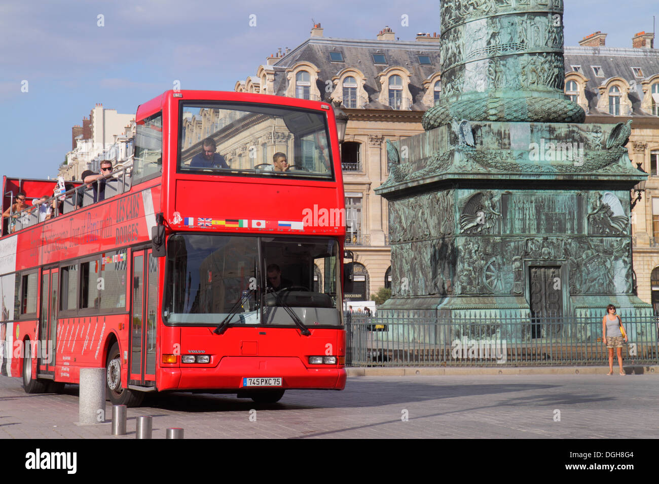Paris France,Europe,French,1st arrondissement,Place Vendôme,double decker bus,coach,Les Cars Rouges,billboard ad advertising advertisement,advertising Stock Photo