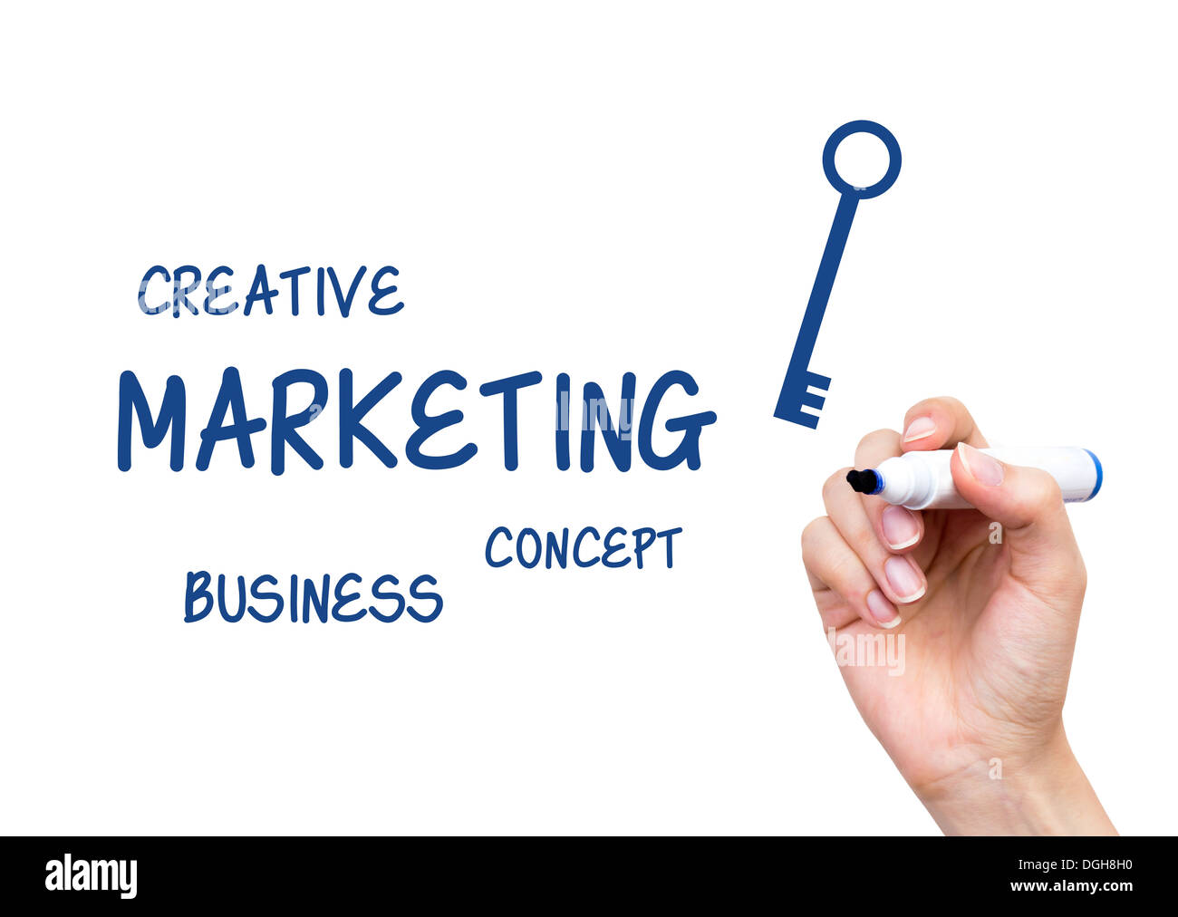 Hand writing Marketing content with blue marker on virtual board Stock Photo
