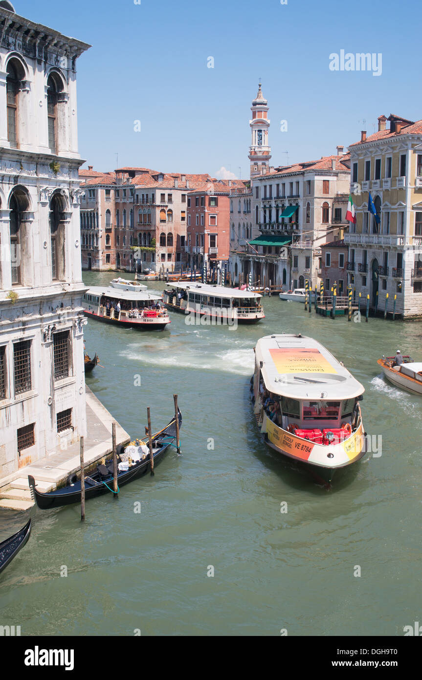 Three water buses or vaporetti  travel along the Grand Canal Venice, Italy, Europe Stock Photo