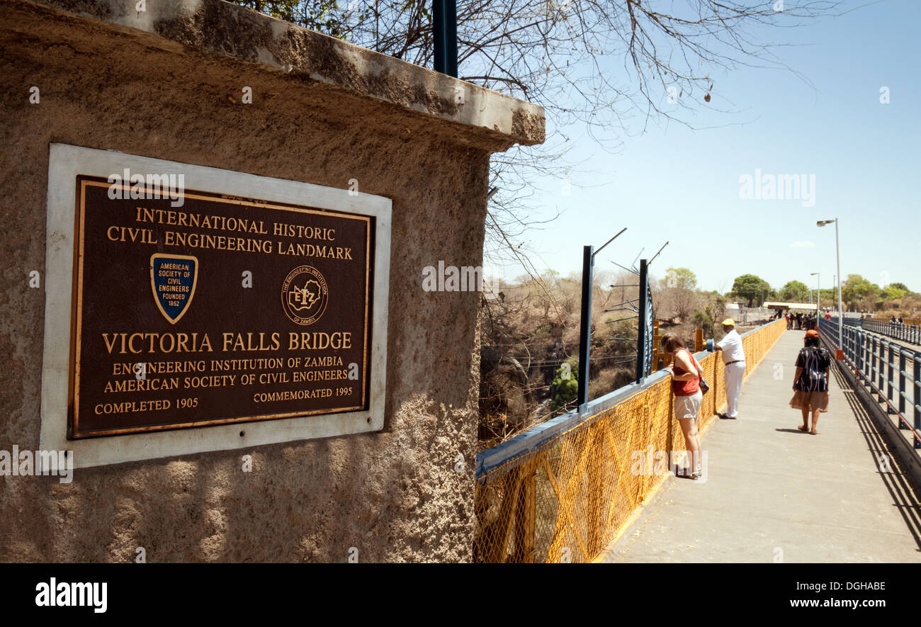 Memorial plaque on the Victoria falls bridge on the border between Zambia and Zimbabwe, Africa Stock Photo