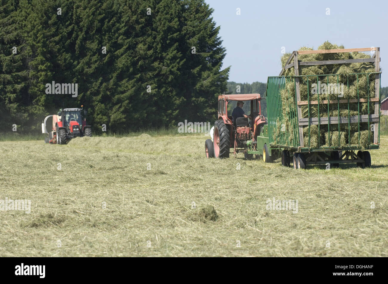 Tractor baling hay crop, pulling baler and wagon, Sweden Stock Photo