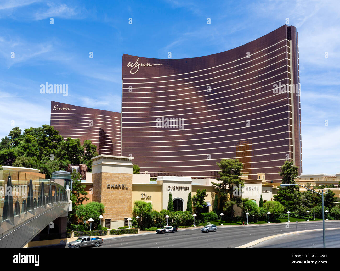 The Encore and Wynn hotels and casinos from Spring Mountain Road, Las Vegas, Nevada, USA Stock Photo