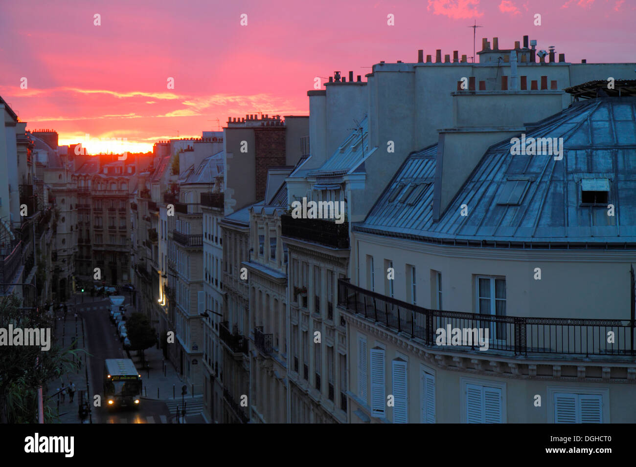 Paris France,Europe,French,9th arrondissement,Rue la Bruyere,street,aerial overhead view from above,sunset,Haussmann condominium,residential,apartment Stock Photo