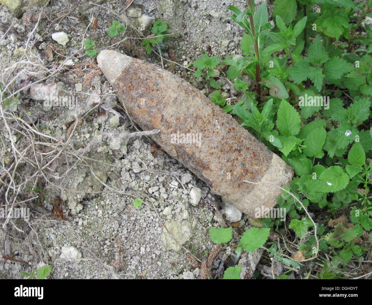 'Iron Harvest', World War One high explosive shell, unexploded, Somme Battlefield, Somme, Picardy, France, May Stock Photo