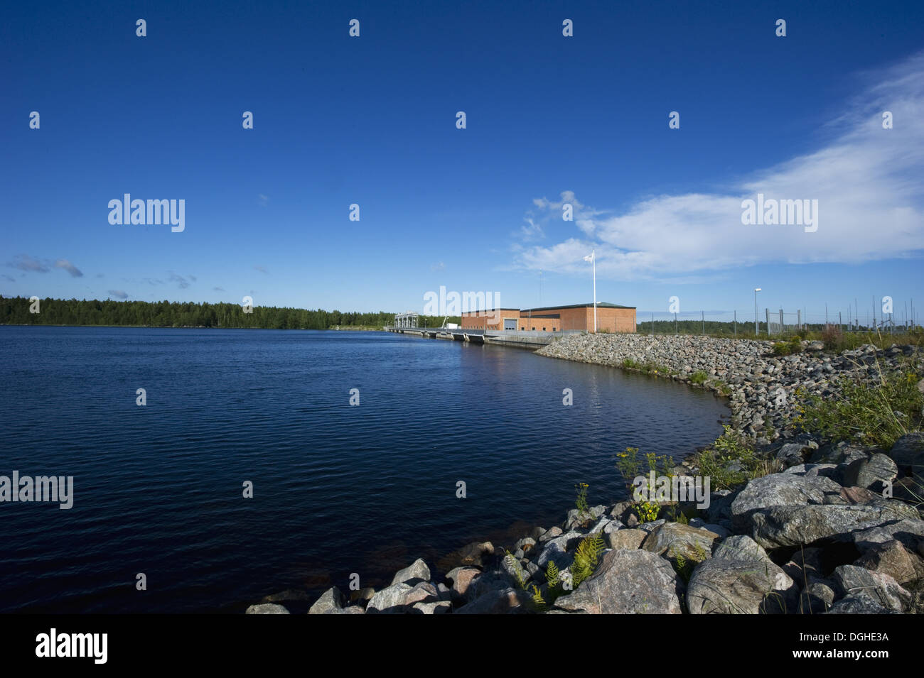 Hydro-electric powerstation with reservoir and dam, Ljusnan River, Ljusne, Halsingland, Norrland, Sweden, august Stock Photo