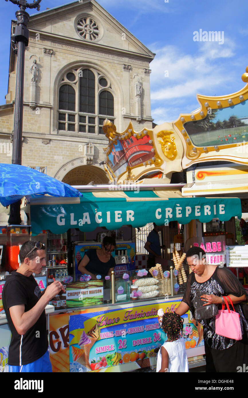 Paris France,18th arrondissement,Place Jules Joffrin,creperie,carnival food,vendor vendors,stall stalls booth market buyer buying selling,Black minori Stock Photo