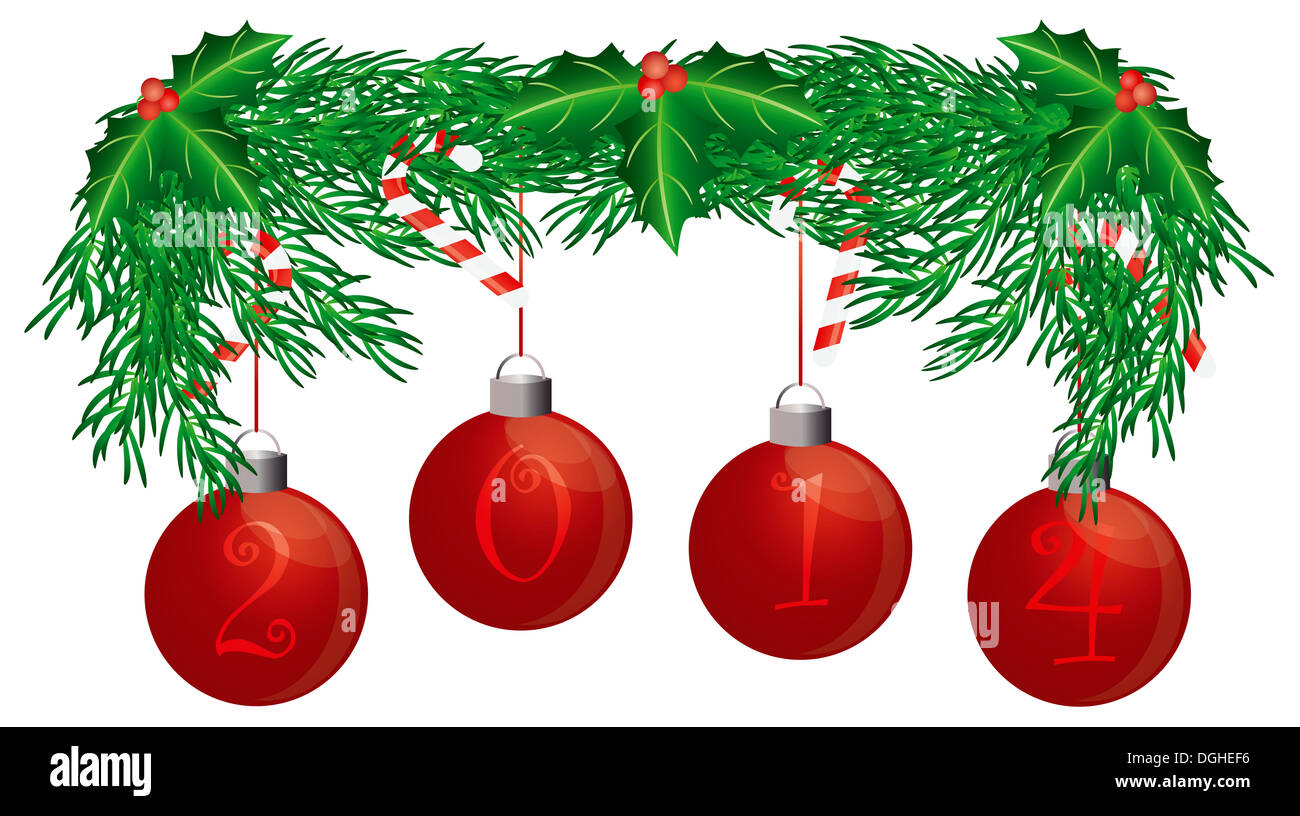Christmas Tree Garland with 2014 Ornaments Holly Berries Leaves and Candy Cane Isolated on White Background