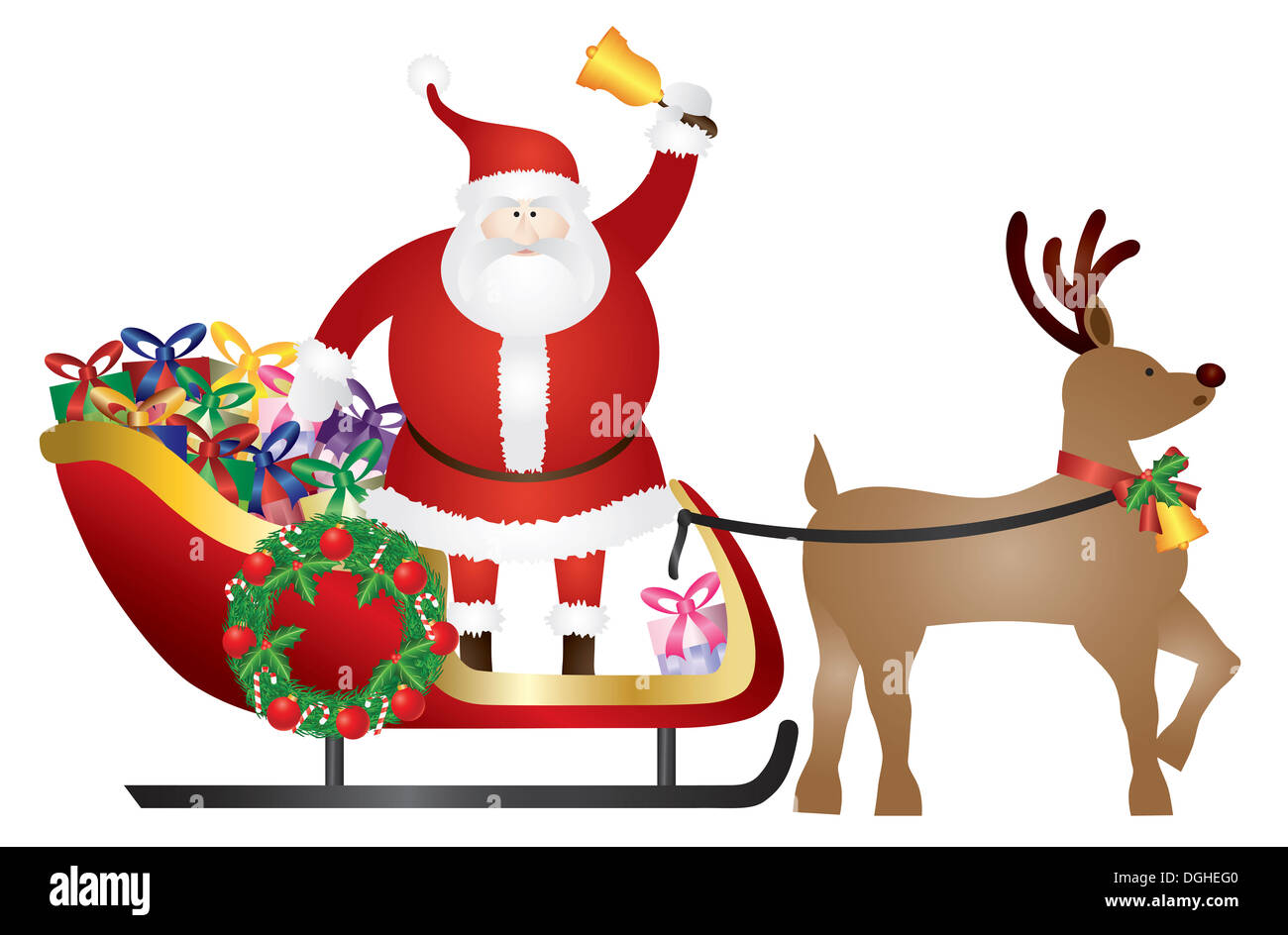 Santa Claus Ringing Bell in Sleigh Pulled by Reindeer Delivering Wrapped Presents Isolated on White Background Illustration Stock Photo