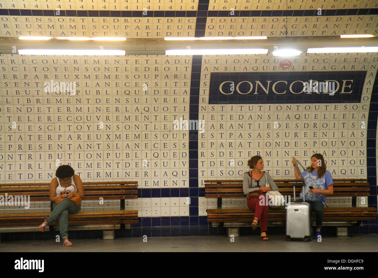 Paris France,1st arrondissement,Concorde Metro Station Line 1 8 12,subway,train,platform,passenger passengers rider riders,riders,Declaration of the R Stock Photo
