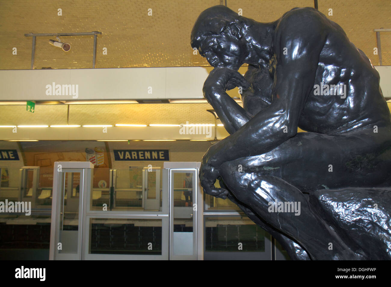 Paris France,Europe,French,7th arrondissement,Varenne Metro Station Line 13,subway,train,public transportation,platform,Rodin,The Thinker,art artwork, Stock Photo