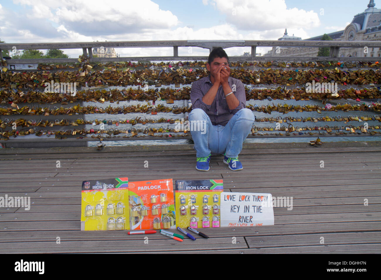 Paris France,Seine River,La Rive Gauche,Left Bank,Berges de Seine,Passerelle Léopold-Sédar-Senghor footbridge,pedestrian bridge,love locks,sale,Asian Stock Photo